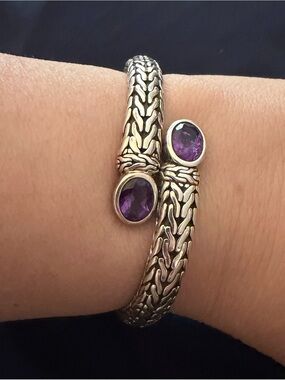 John Hardy Batu Double Coil Silver Bracelet Woven Open Cuff Amethyst
